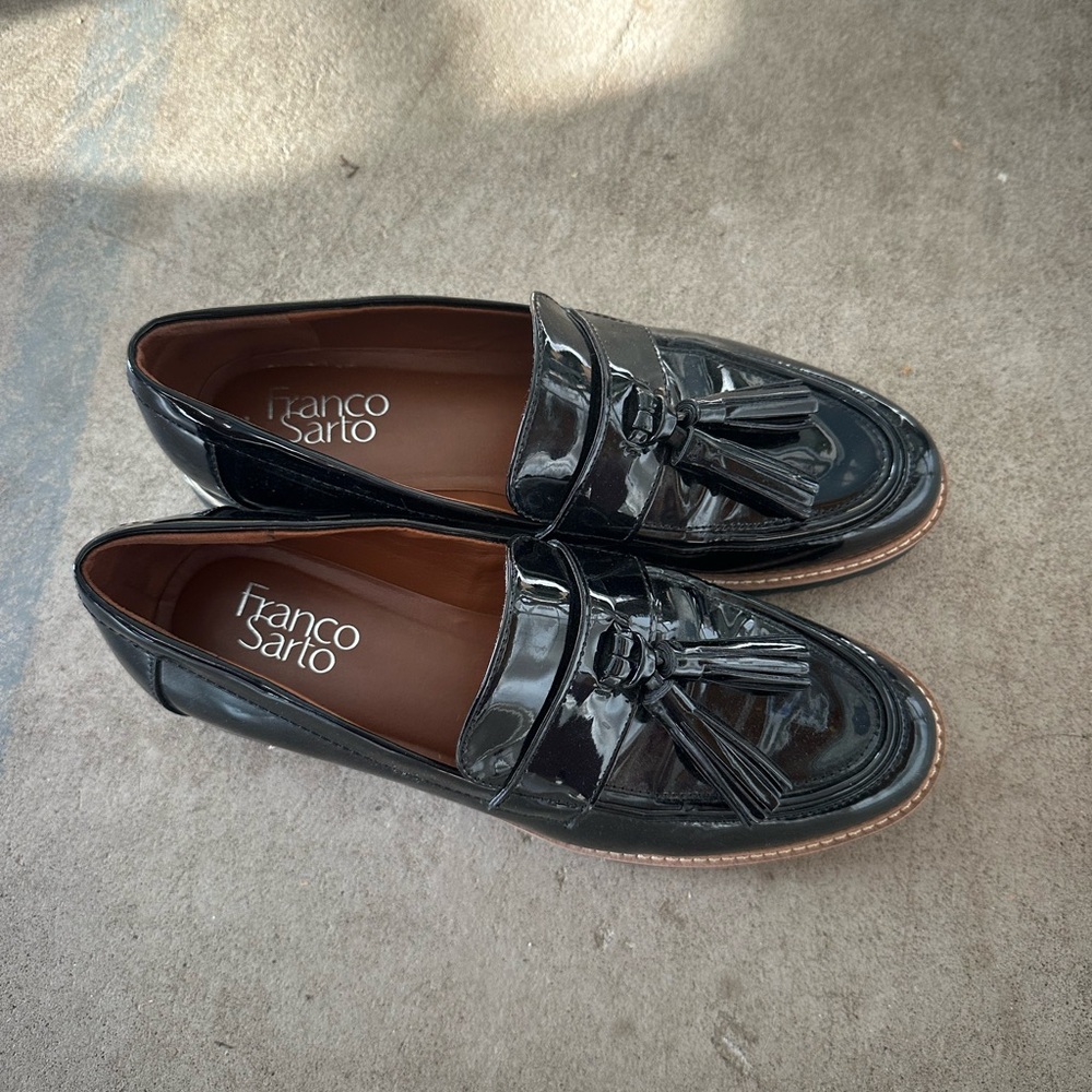 Franco Sarto Black Patent Tassel Penny Loafers